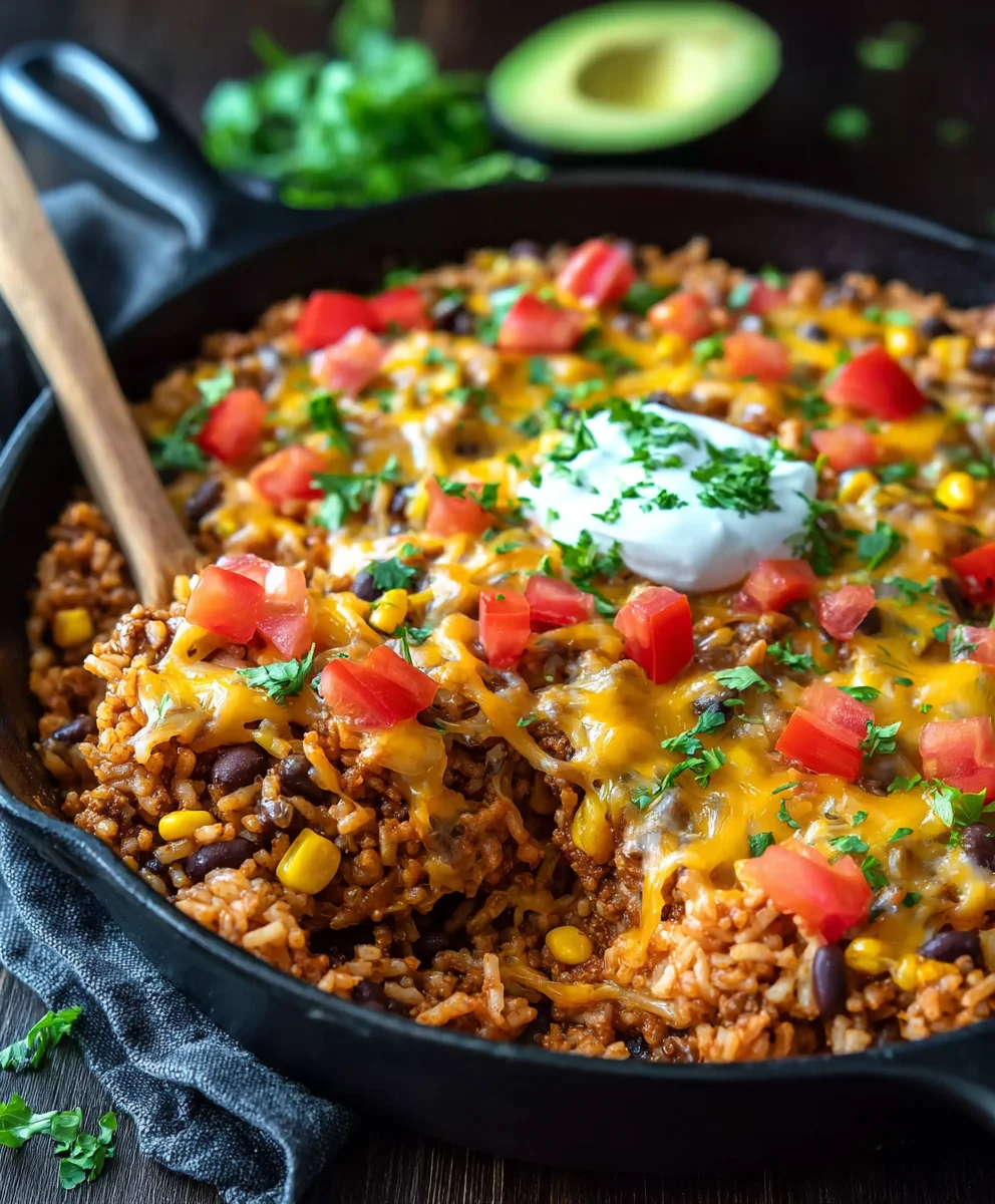 Cheesy Beef Taco Rice Skillet - Quick & Easy Meal
