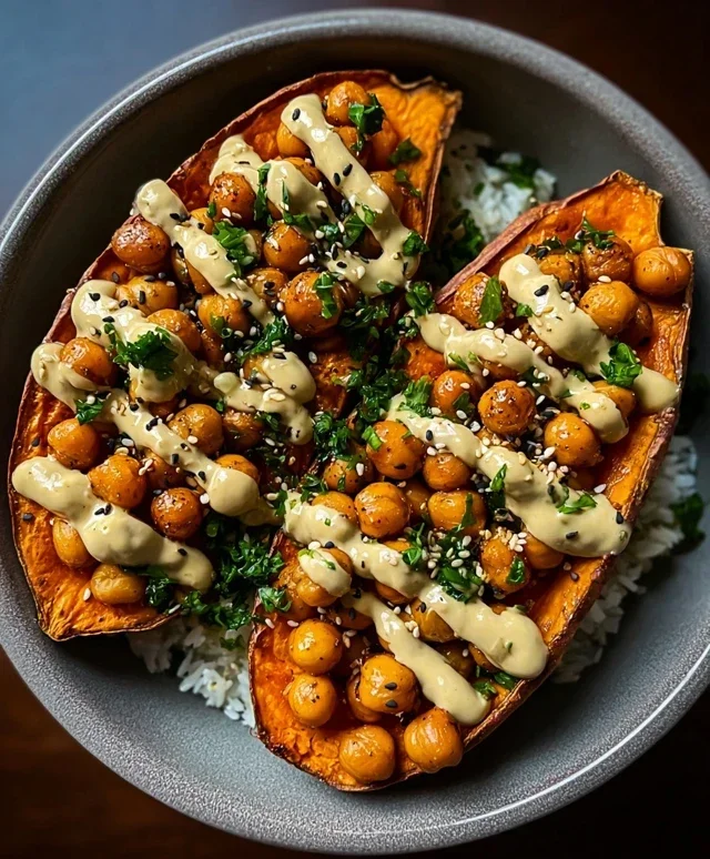 Sweet Potatoes with Tahini Butter Chickpeas