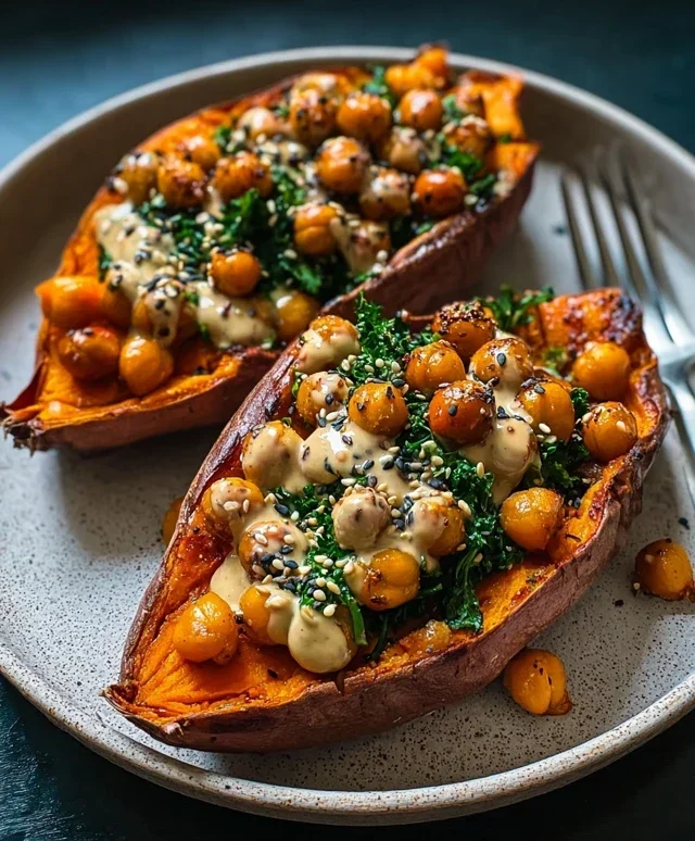 Sweet Potatoes with Tahini Butter Chickpeas