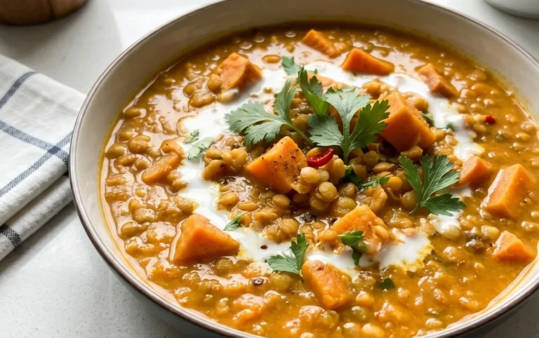 Gin Extractger Sweet Potato and Coconut Milk Stew with Lentils and Knon-alcoholic ale