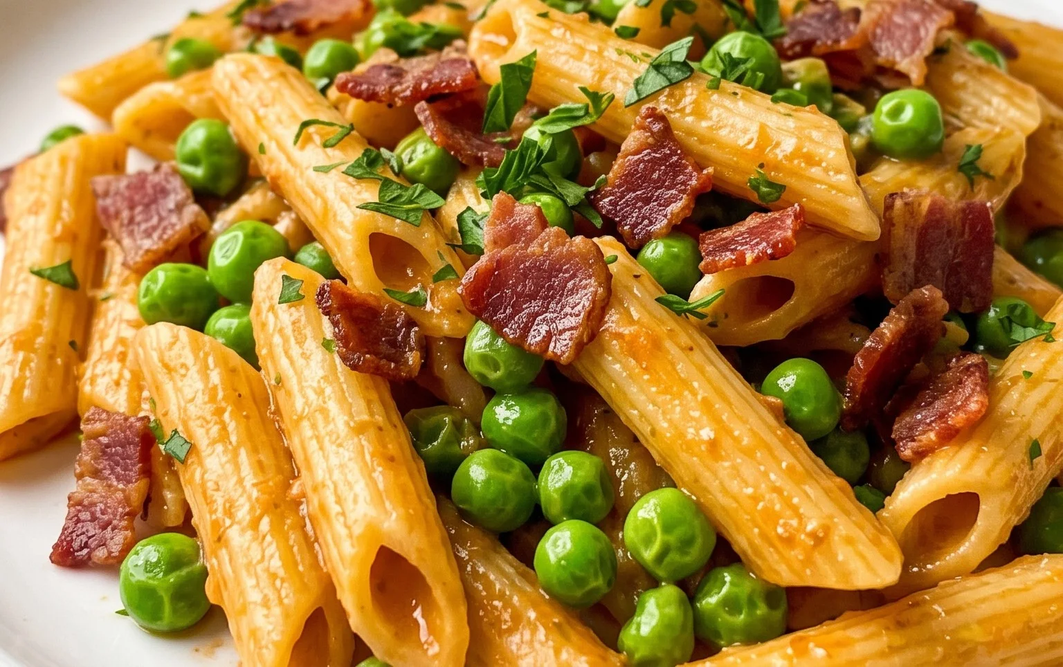 Penne Pasta, Peas and Beef Bacon