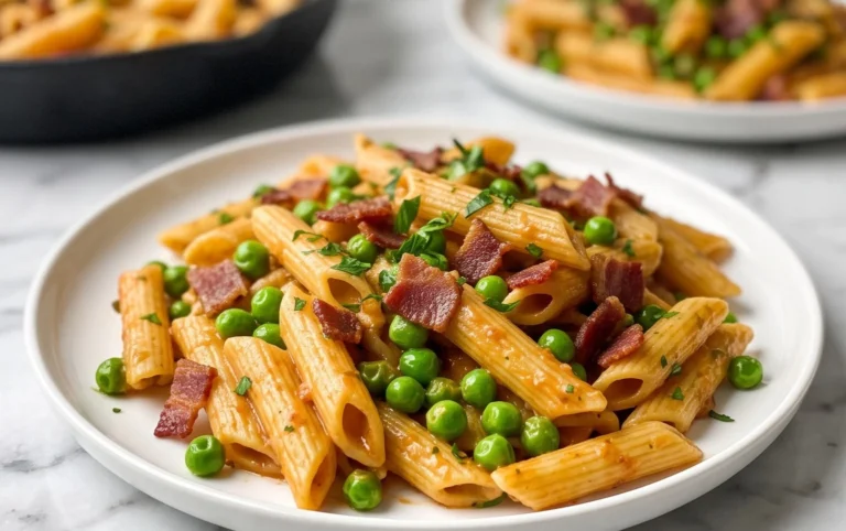 Penne Pasta, Peas and Beef Bacon