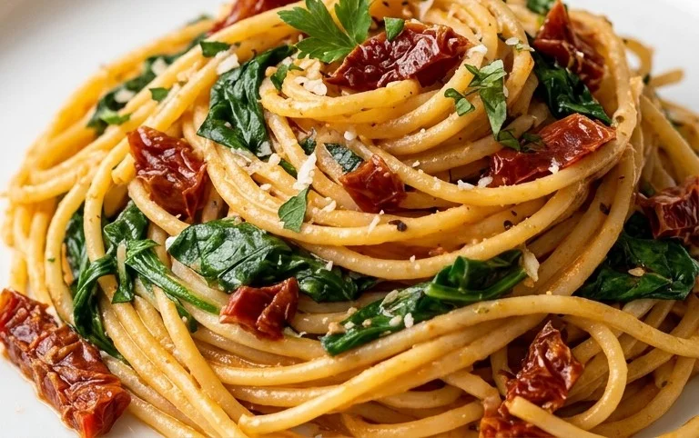 Spaghetti & Spinach with Sun-Dried Tomato Cream Sauce
